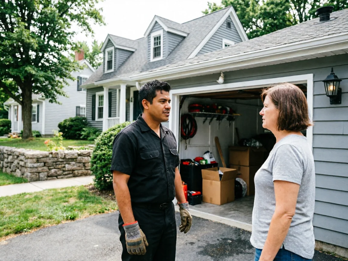 A technician and a woman stand talking in front of a gray house with an open garage.