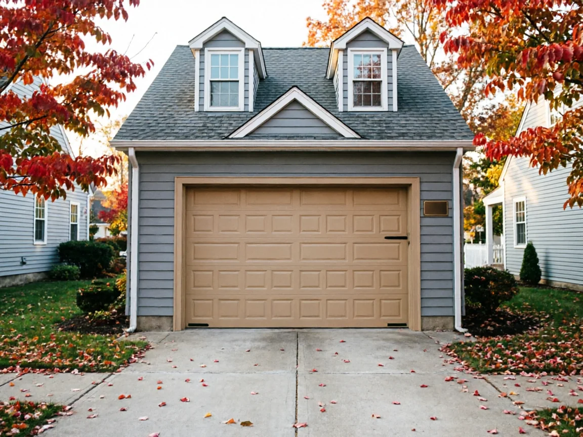 The house has a tan garage door, gray siding, and two dormer windows.