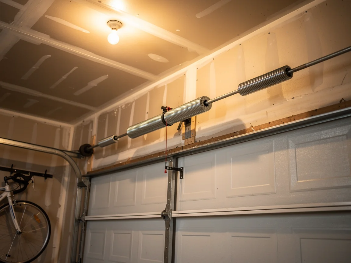The garage door torsion spring system is installed above a white garage door.