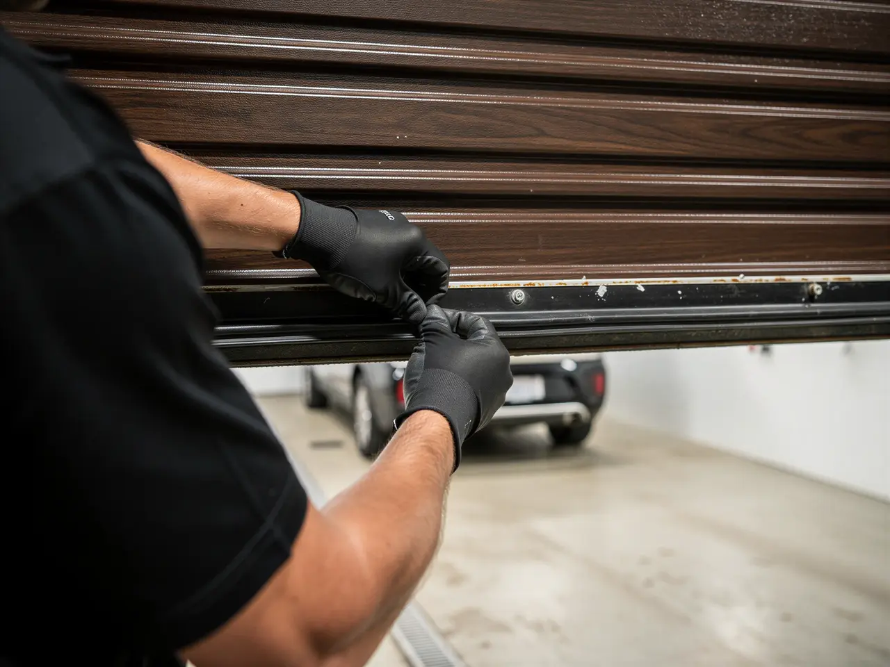 A technician wearing black gloves works on the bottom seal of a brown garage door.